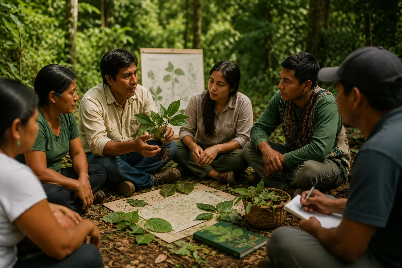 Community members and technicians mapping biodiversity on a family farm in the Amazon