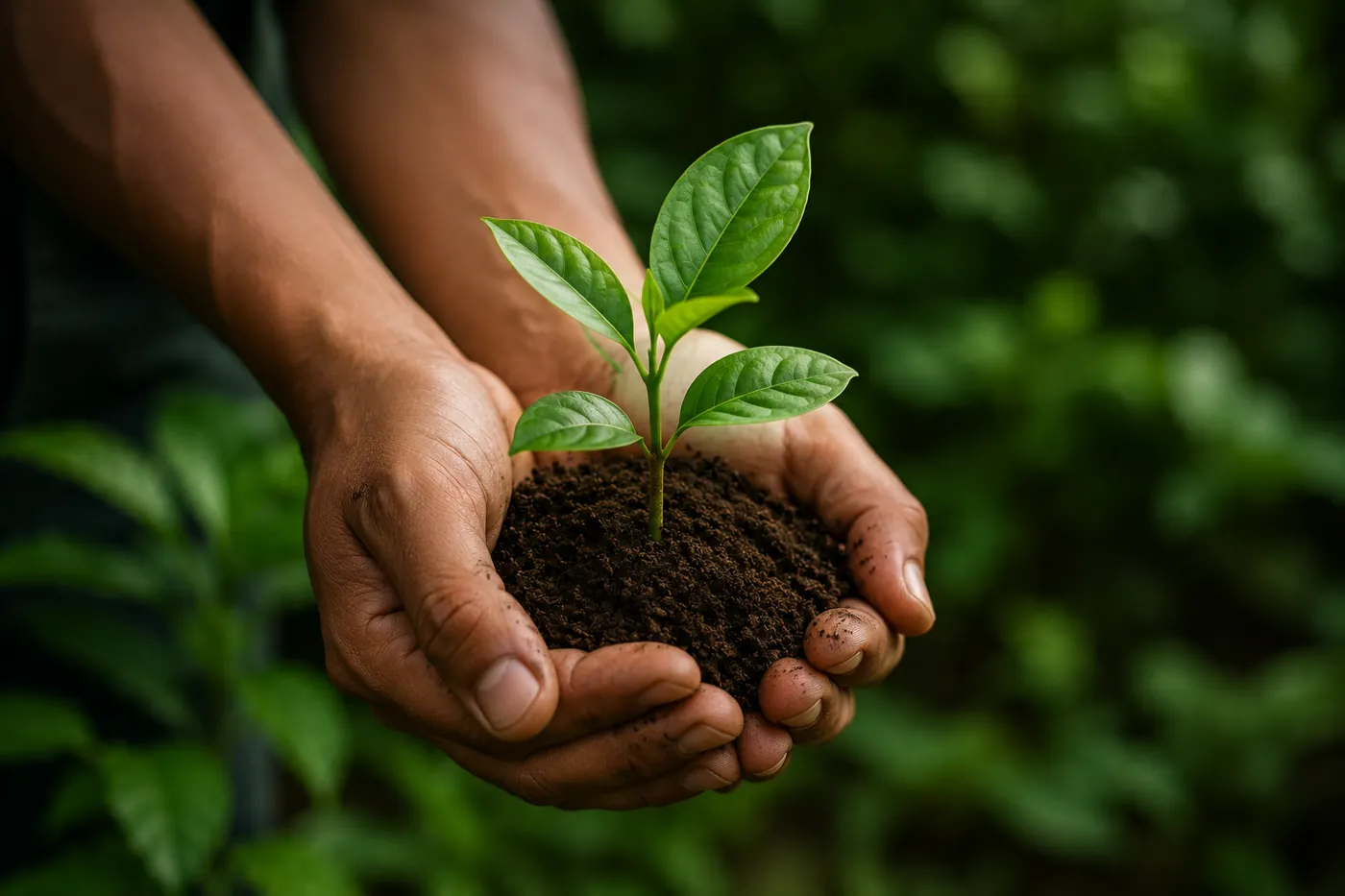 Hands holding a young seedling grown from Amazonian soil