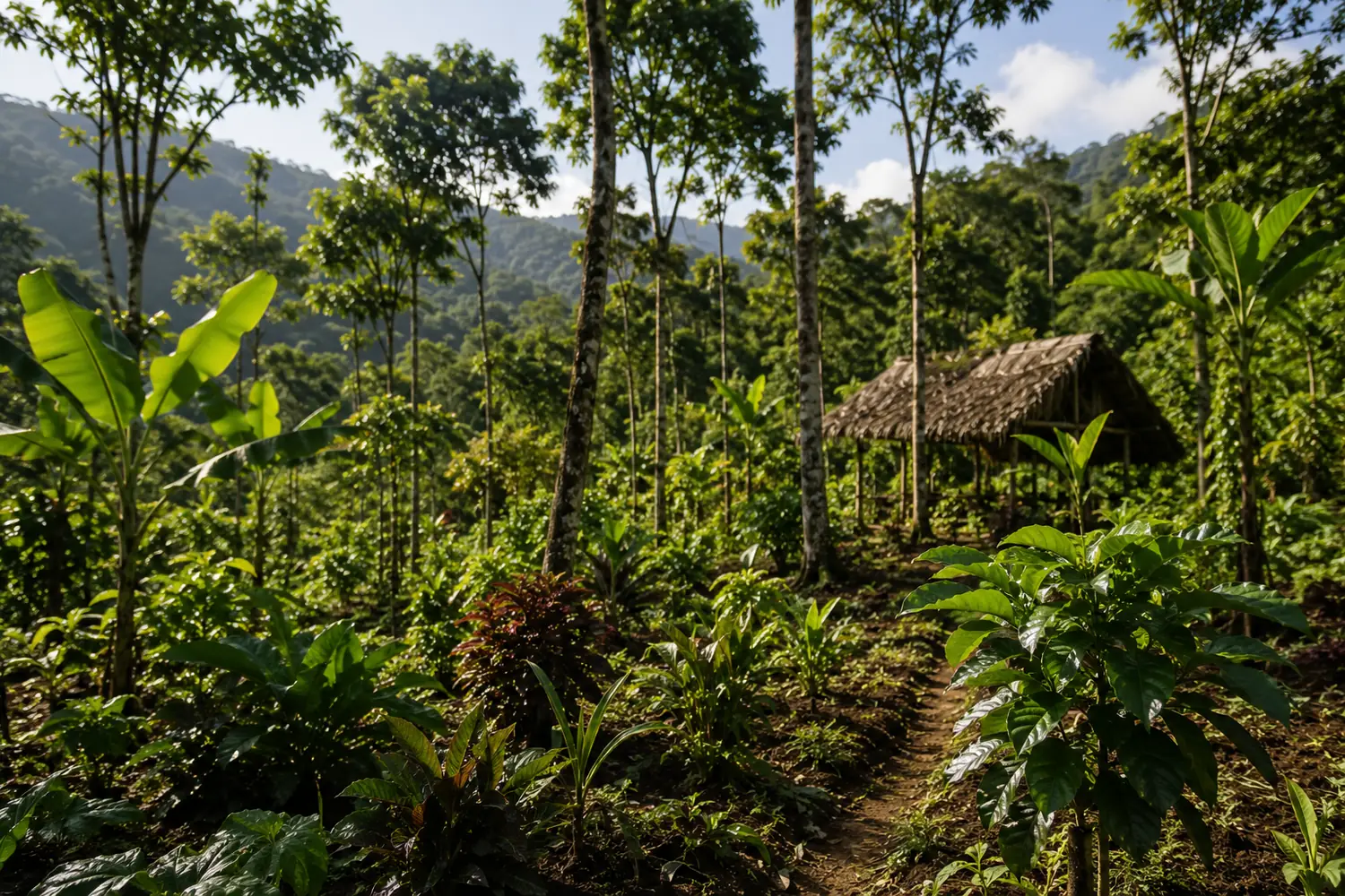 A Chakra farm with coffee, banana and native trees in Ecuador's Amazon