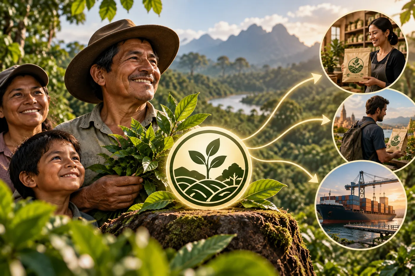 A Kichwa family with their harvest, connected by the Chakra Alliance seal to local shops, direct buyers, and export markets